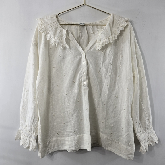 Sundance Tops - Sundance Embroidered Eyelet Blouse Peter Pan Collar Half Button Long Sleeve  M